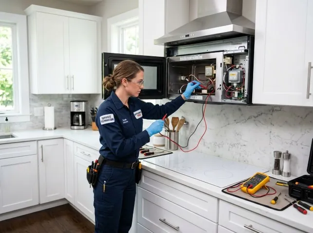 Appliance Repair Hero technician testing an over-the-range microwave in a Brooklyn, NY kitchen
